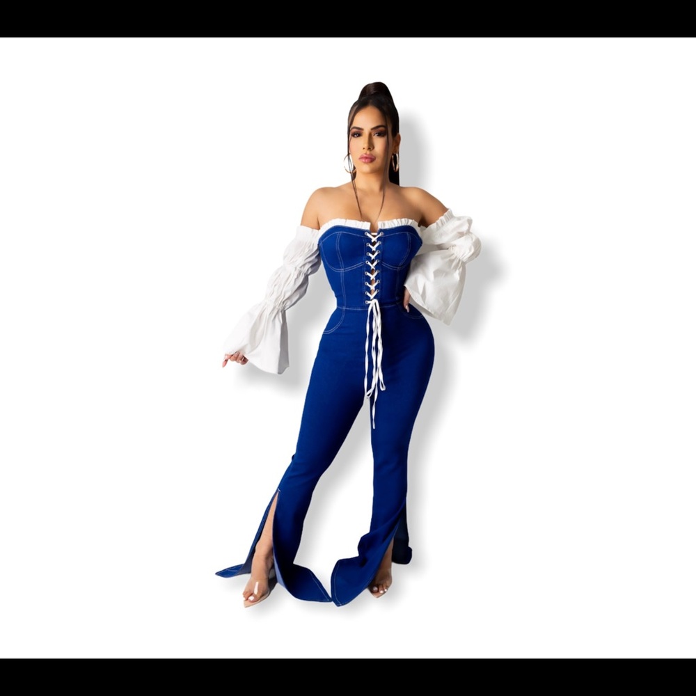 Peasant sleeve denim jumpsuit
